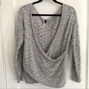 Gray long sleeve wrap sweater, size M